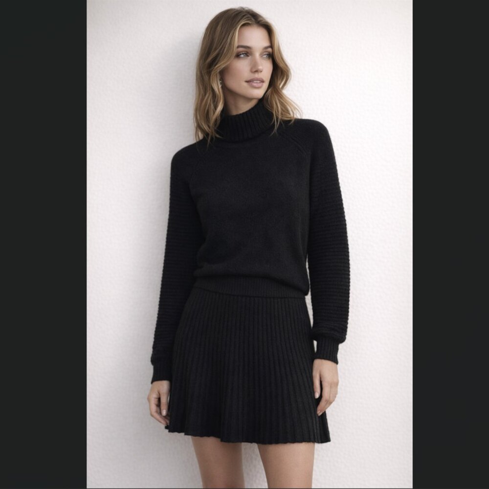 Black Mock Neck Women's Sweater and Skirt Set